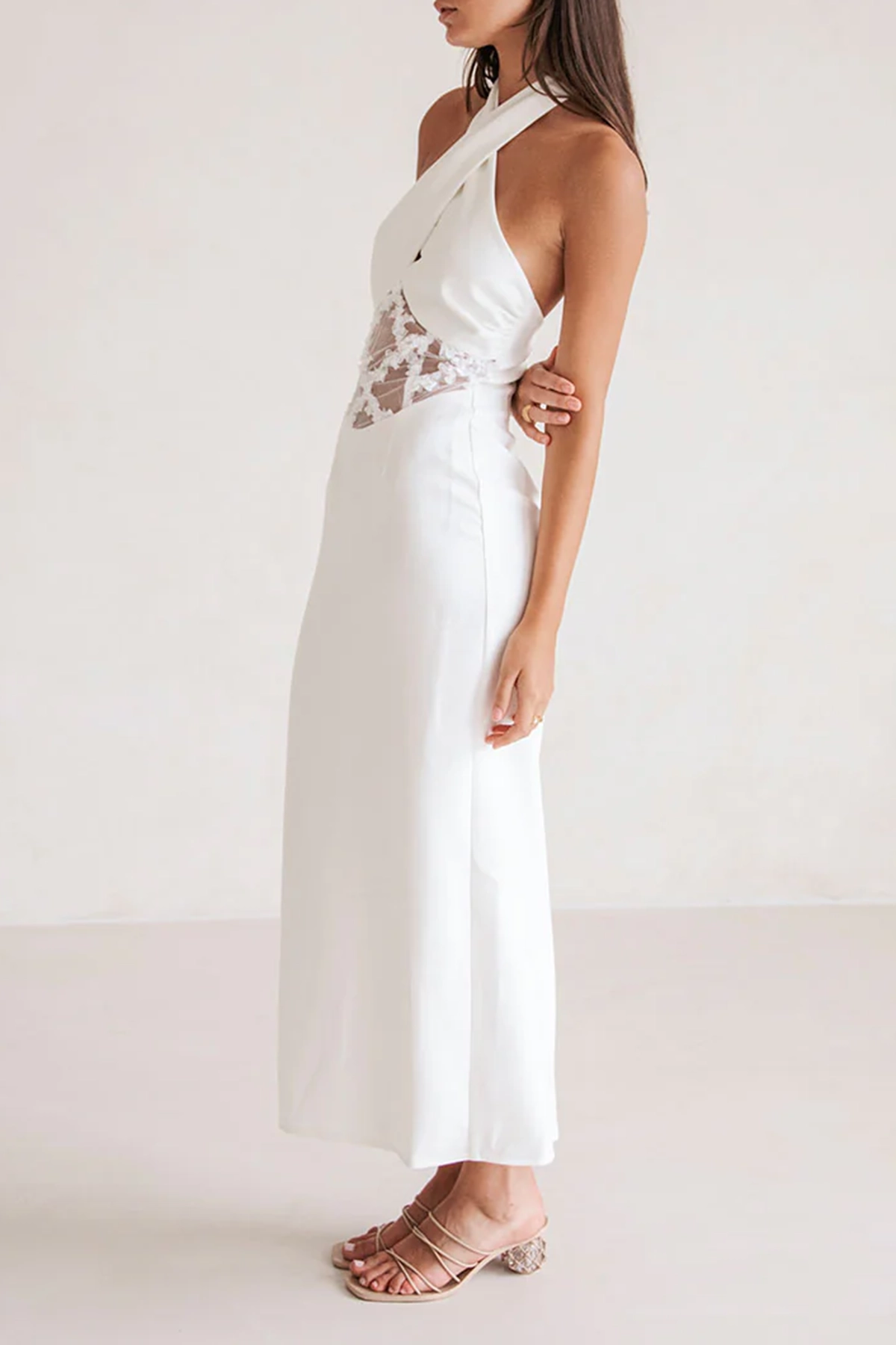 Halter Neck Mesh Insert Midi Dress