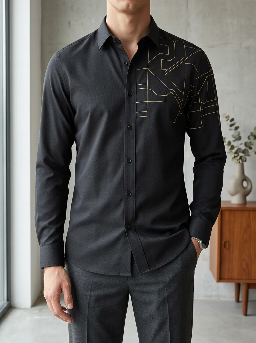 Men's Geometric Line Pattern Printed Slim Fit Shirt