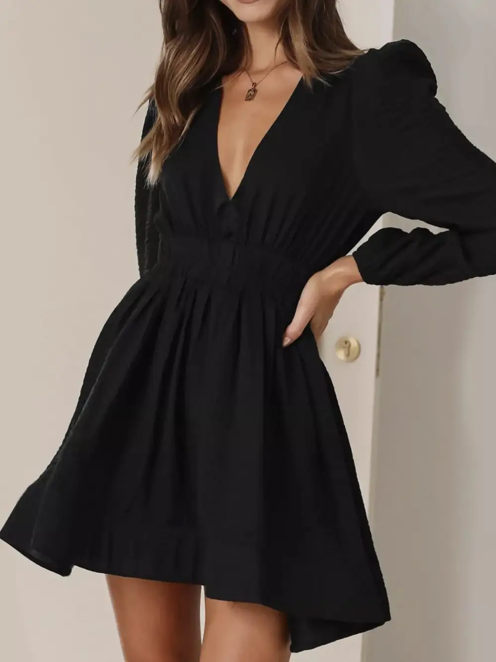V Neck Long Sleeve Mini Dress