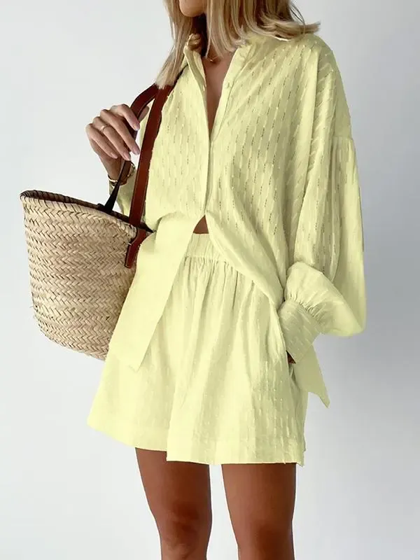Jacquard Puff Sleeve Top Shorts Commuting Casual Suit