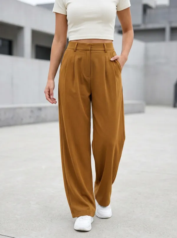 Women's Pleated Wide-Leg High-Rise Waist Integrated Belt Loops Pants