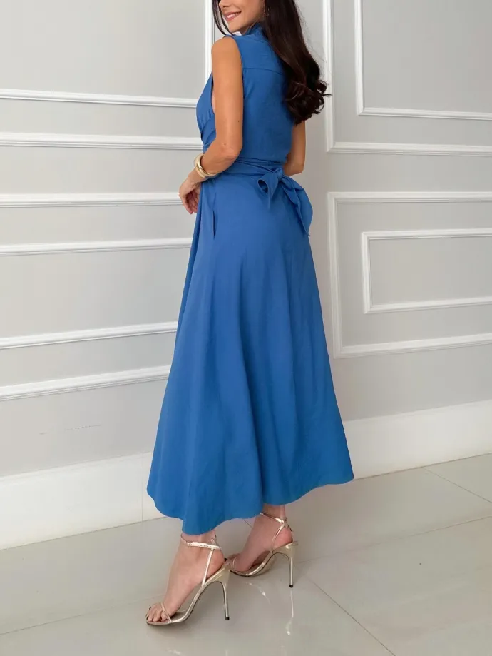 Shirt Style Single Breasted Tie Midi Dress