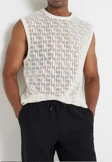 Men's Beige Regular Fit Cotton Fashion Crochet Vest