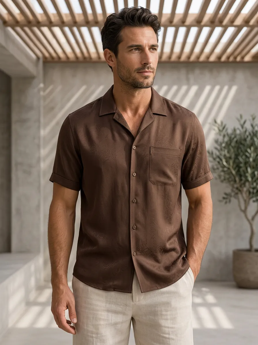 Men's Minimalist Brown Paisley Pattern Printed Camp Collar Shirt