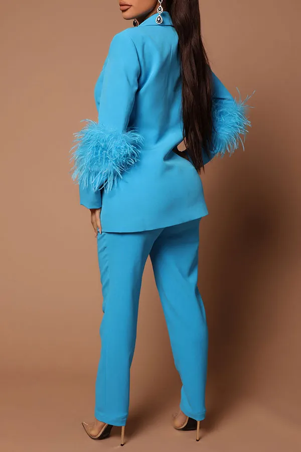 Feather Trim Stylish Pant Suit