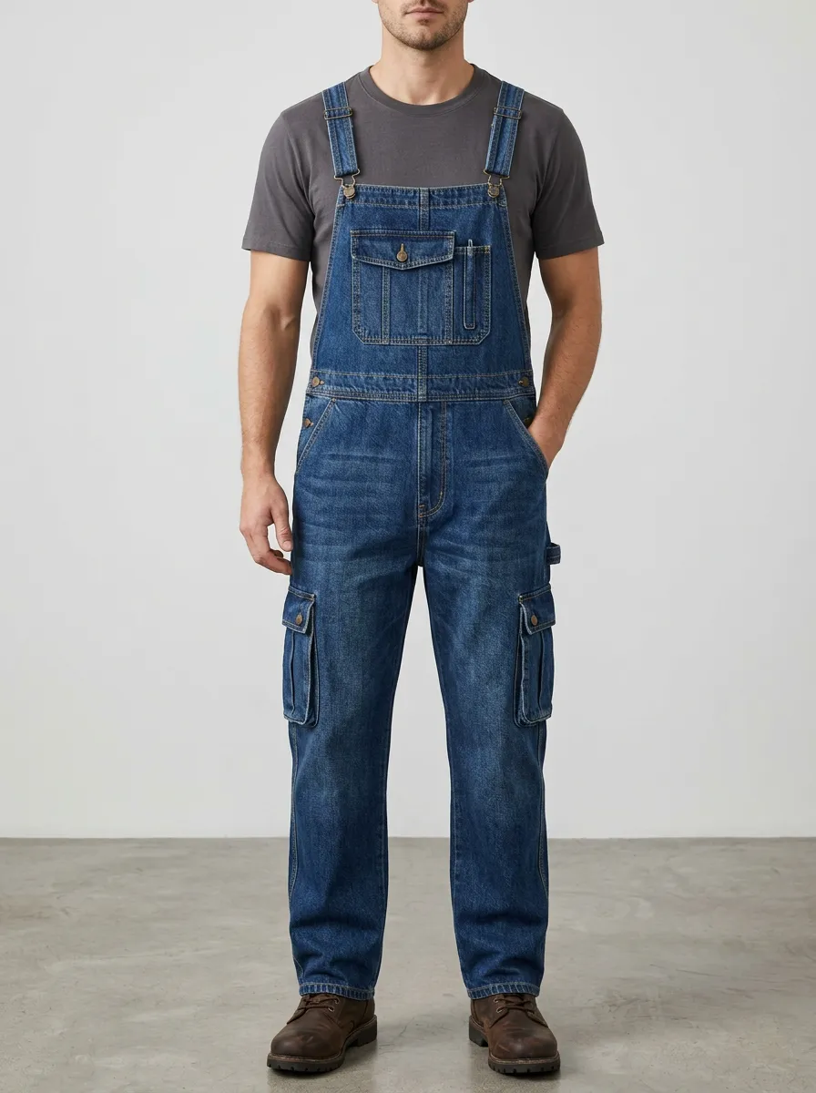 Men's Casual Workwear Denim Cargo Bib Overalls
