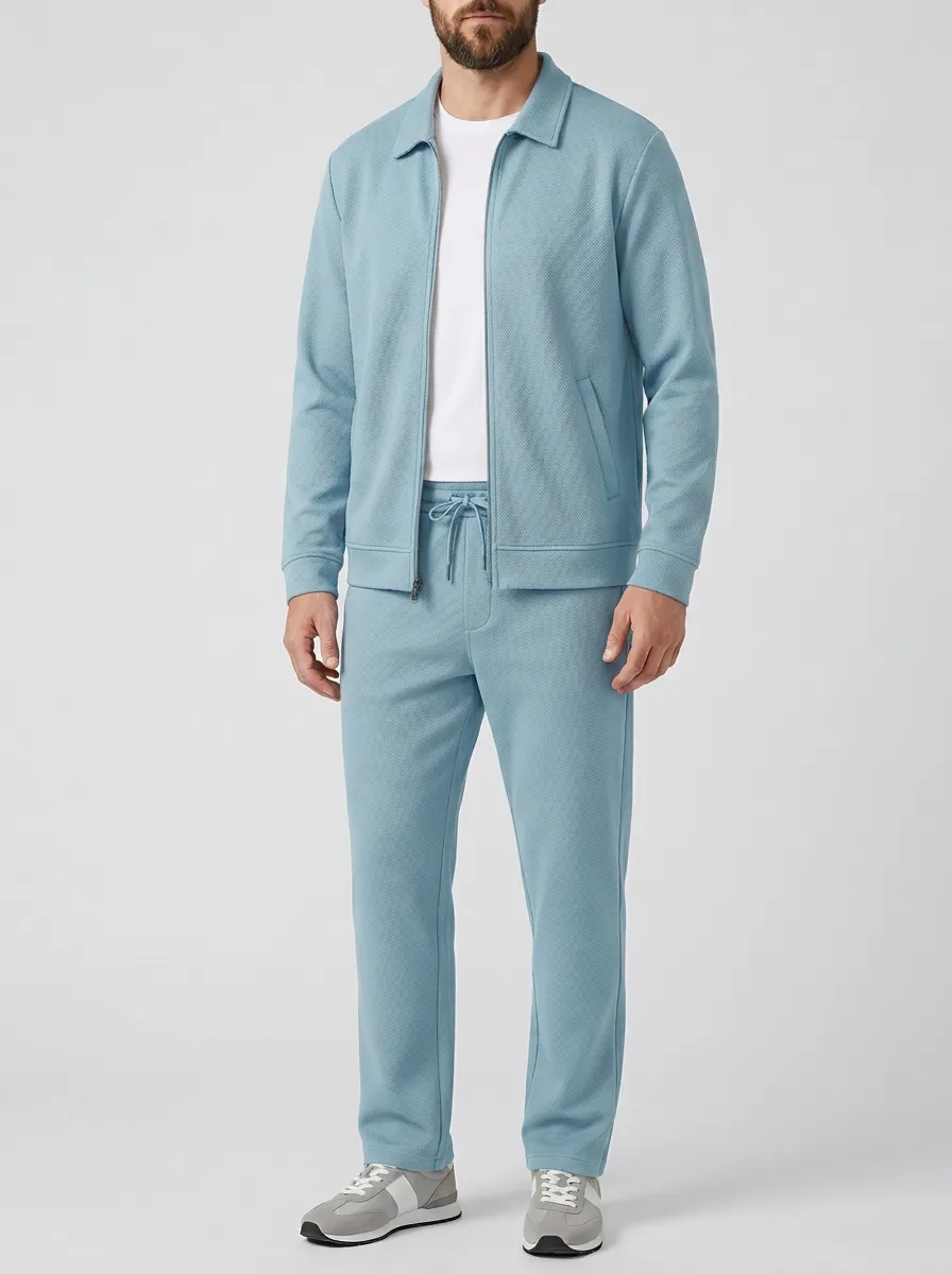 Men's Modern Textured Polo Collar Jacket and Jogger Pants Set