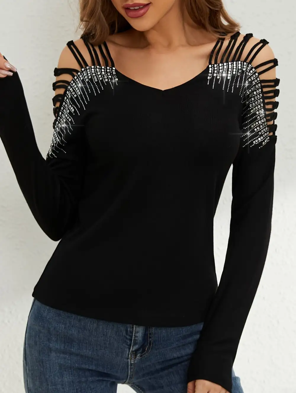 Rhinestone Openwork V Neck Tee