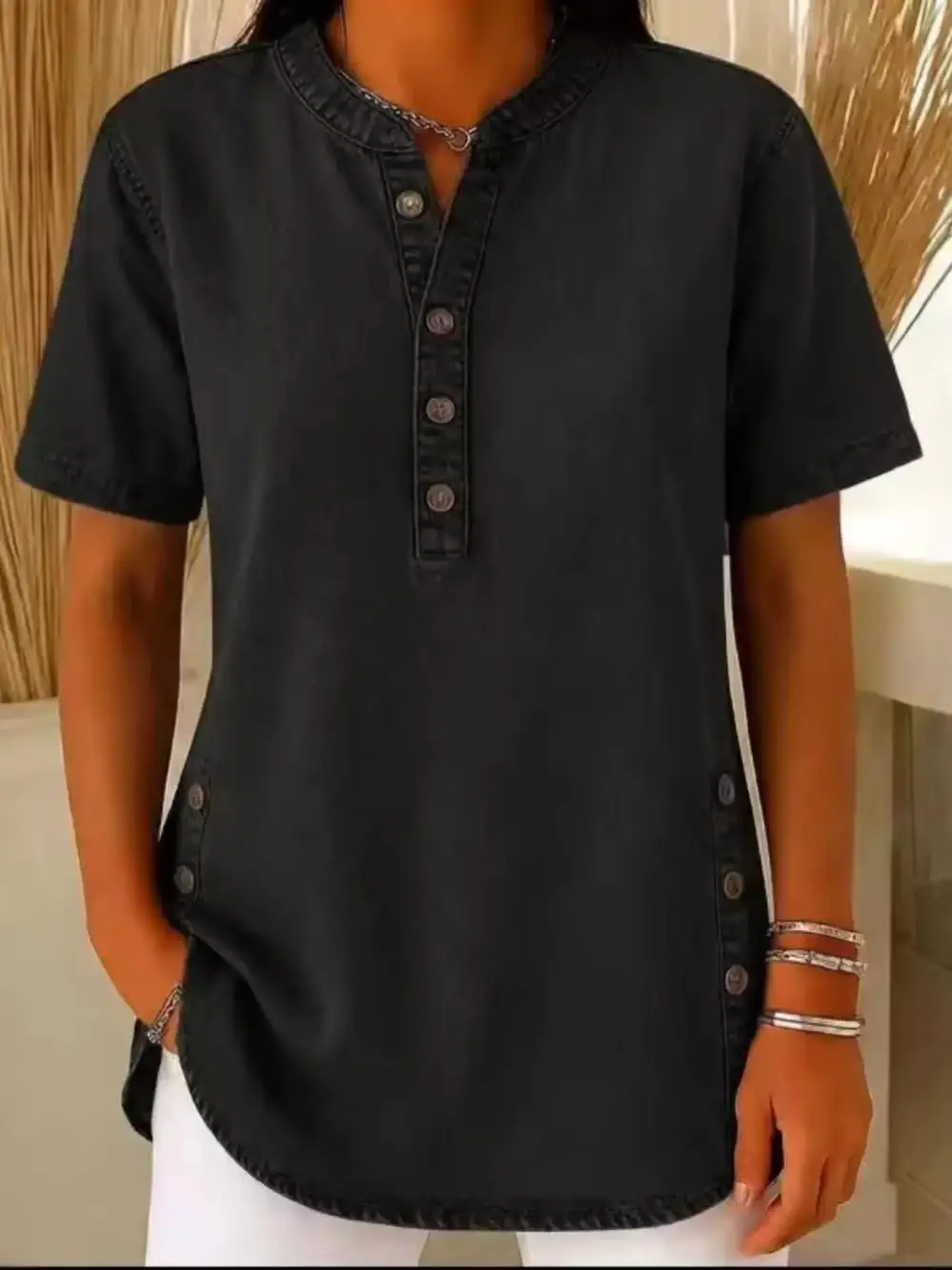 Button Detail Short Sleeve Blouse Plus
