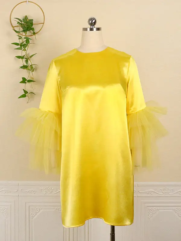 Half Sleeve Relaxed Shiny Solid Color Split Joint Tulle Round Neck
