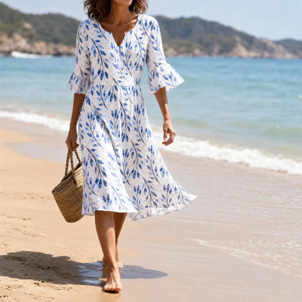 V Neck Floral Flutter Midi Dress