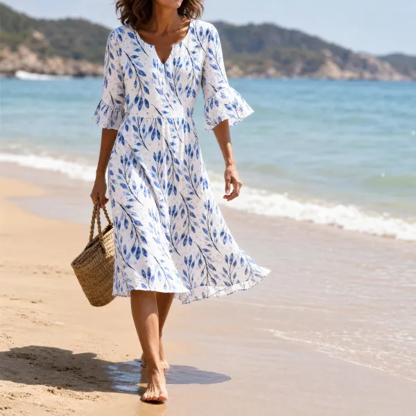 V Neck Floral Flutter Midi Dress