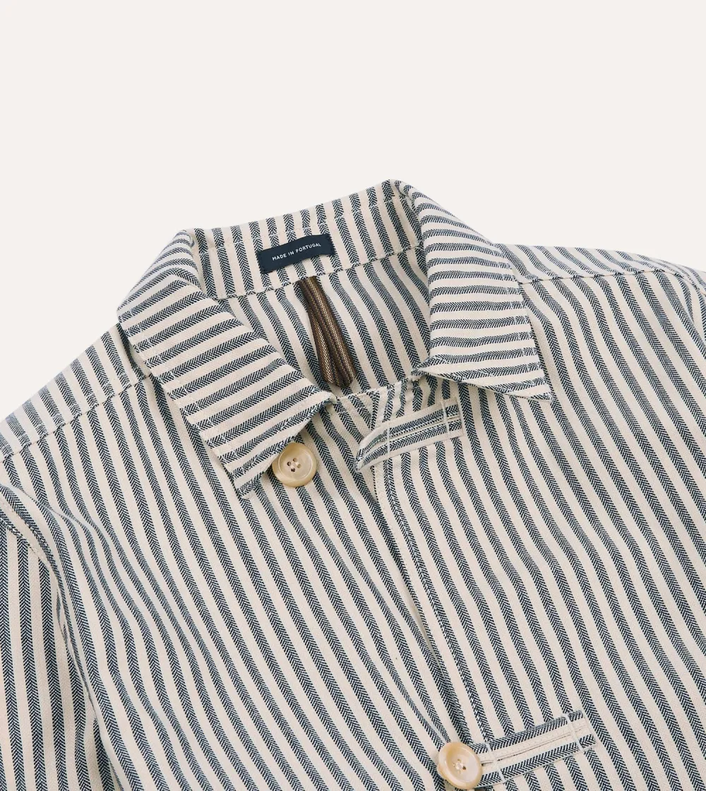 Blue And Ecru Stripe Cotton-Linen Deck Chore Jacket Casual Style