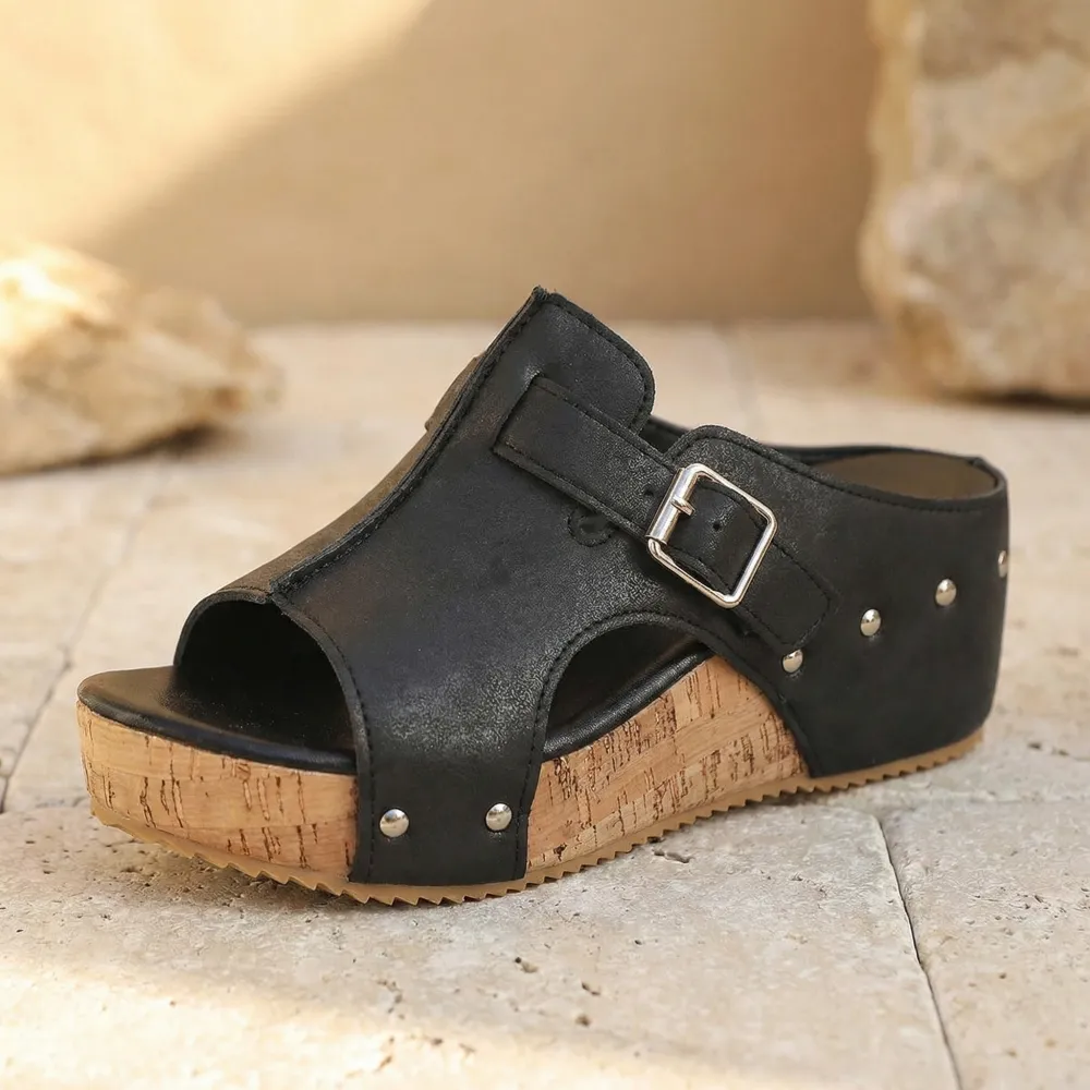 Retro Cork Wedge Sandals with Rivet Detail