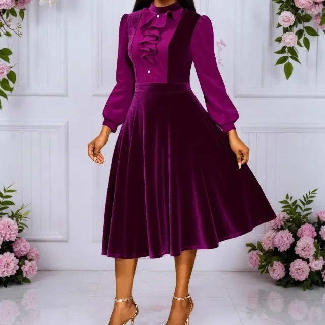 Ruffle Trim Long Sleeve A Line Dress