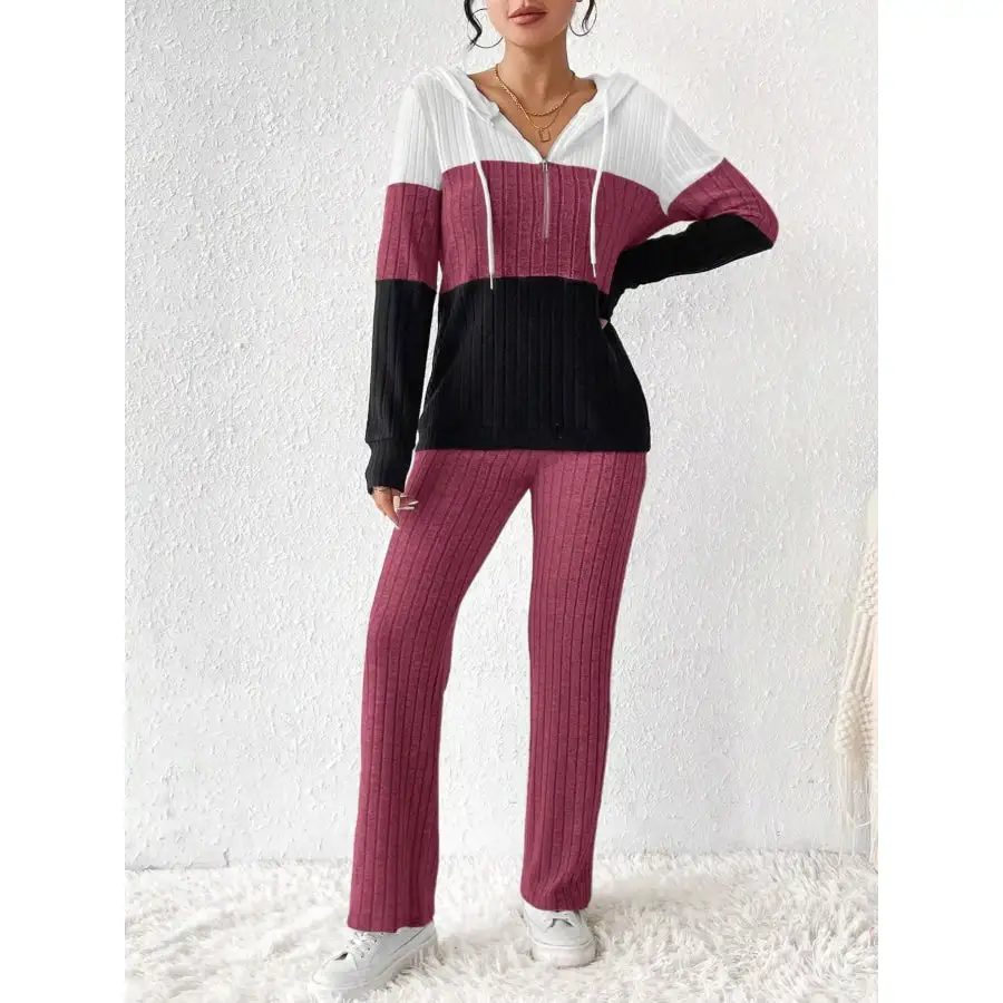 Block Half Zip Hooded Top and Pants Set