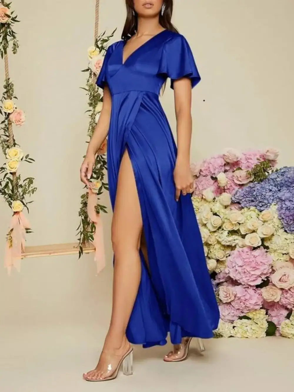 Slit Flutter Sleeve Maxi Dress