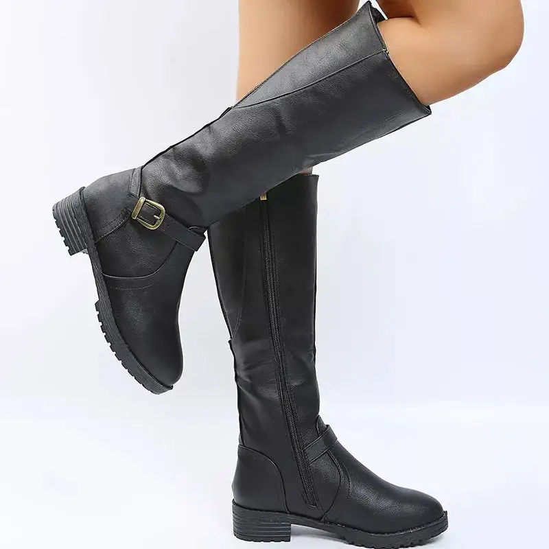 Polished Round Toe Block Heels Boots