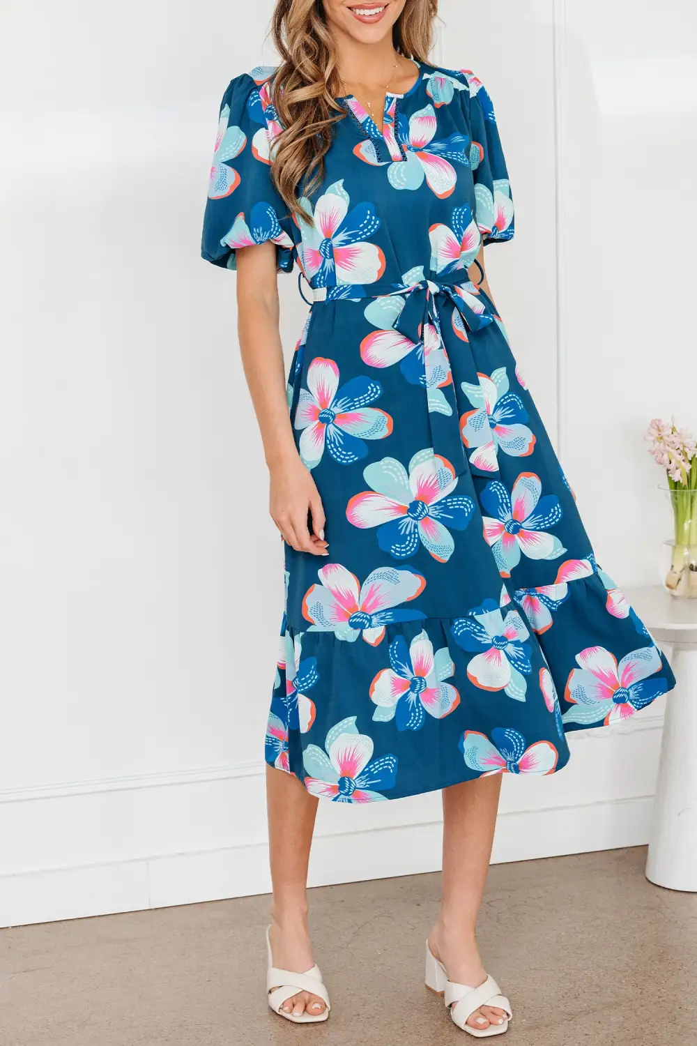 Floral Printed Tie Waist Dress Casual