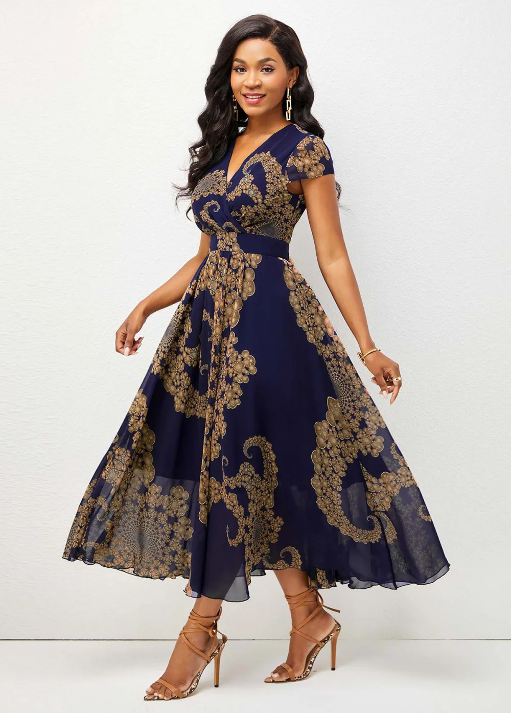 V Neck Tribal Print Short Sleeve Dress