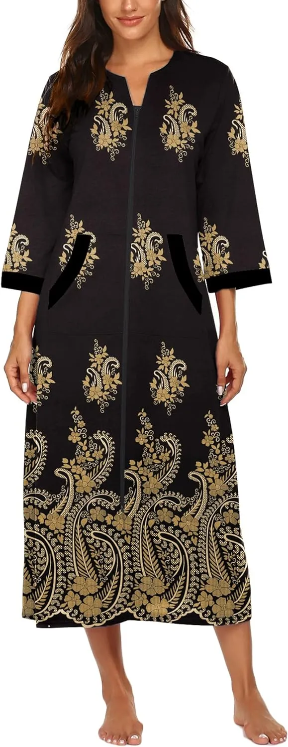 50% OFF Women Zipper Robe 3/4 Sleeves Loungewear Dress Full Length Sleepwear Pockets Housecoat Nightgown Long Bathrobe