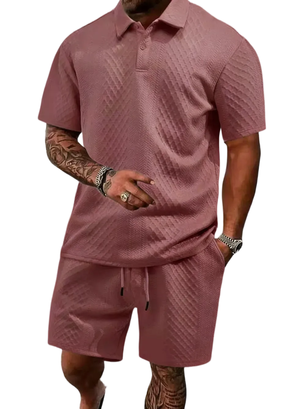 Men's Summer Casual Textured Polo Shirt and Shorts Two-Piece Set