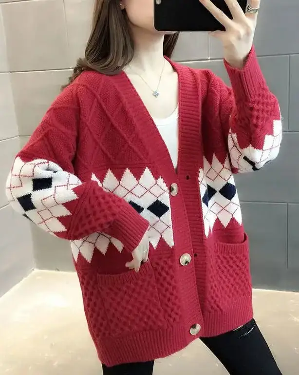 Acrylic-Blend Polyester-Blend Button-Front V-Neck Cardigan