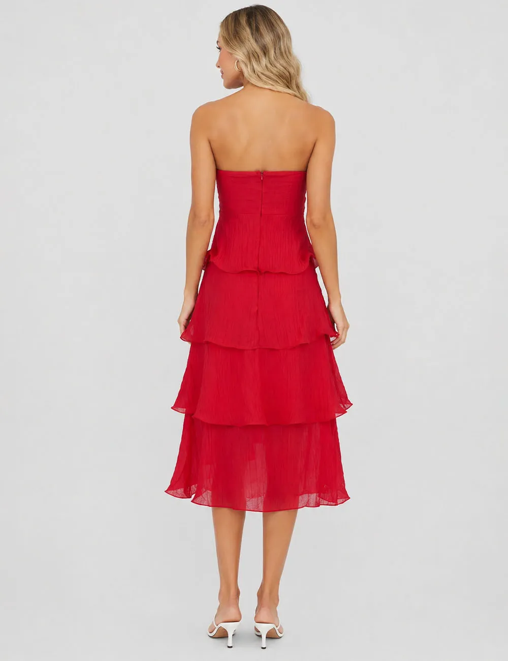 Chic Crinkle Strapless Tiered Ruffle Tube Midi Dress