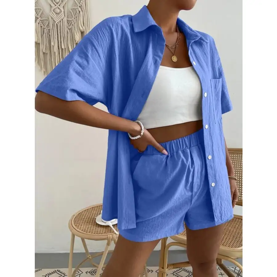 Button Up Short Sleeve Shirt and Shorts Set