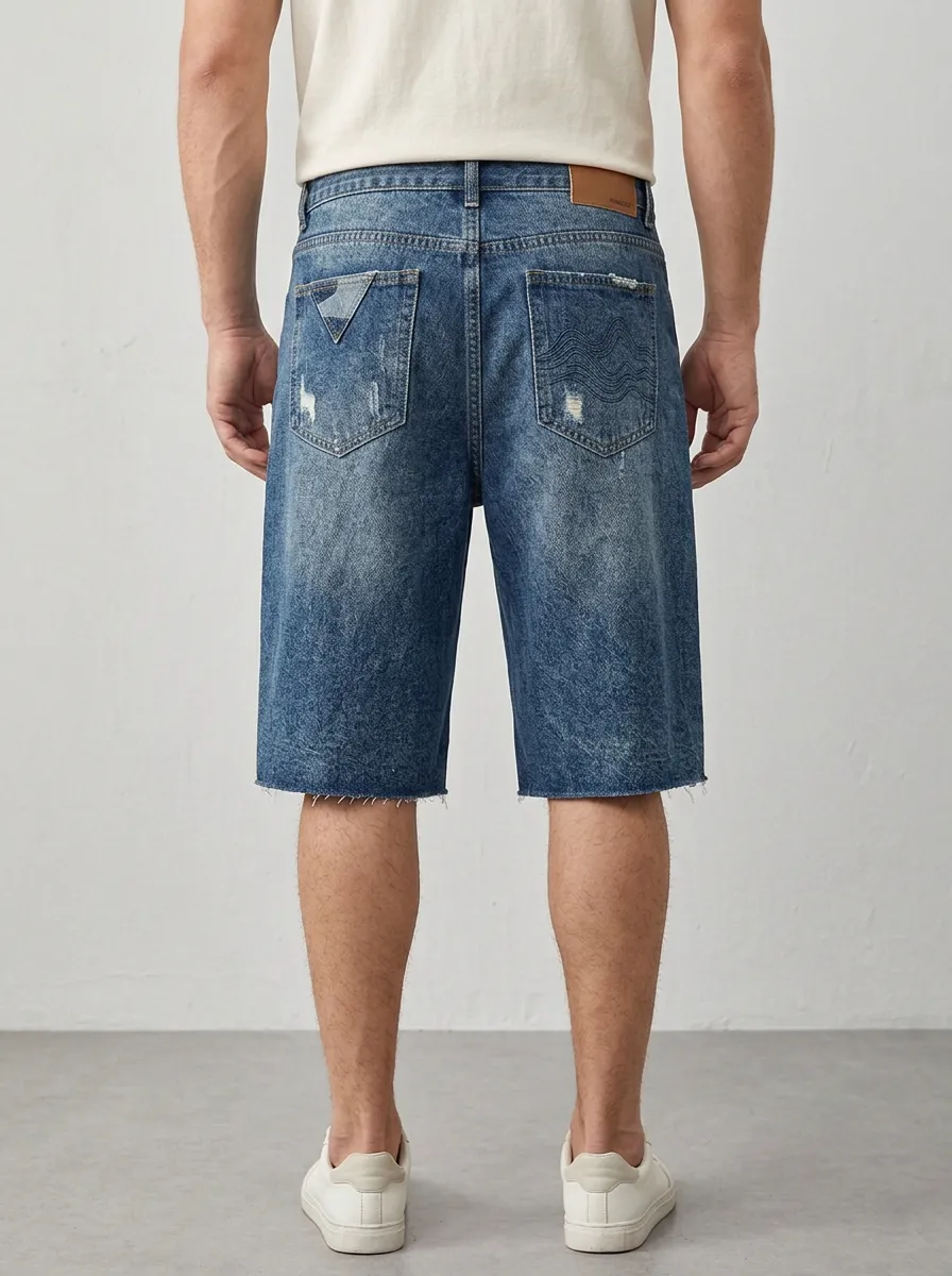 Men's Wave Distressed Raw Hem Distressed Denim Shorts