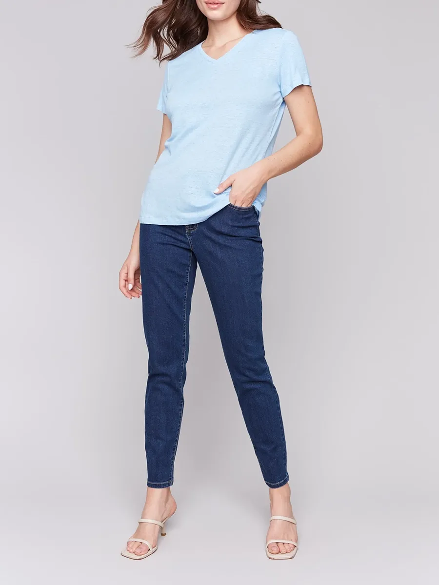 V-Neck Loose Solid Color Skin-Friendly Linen Short Sleeves