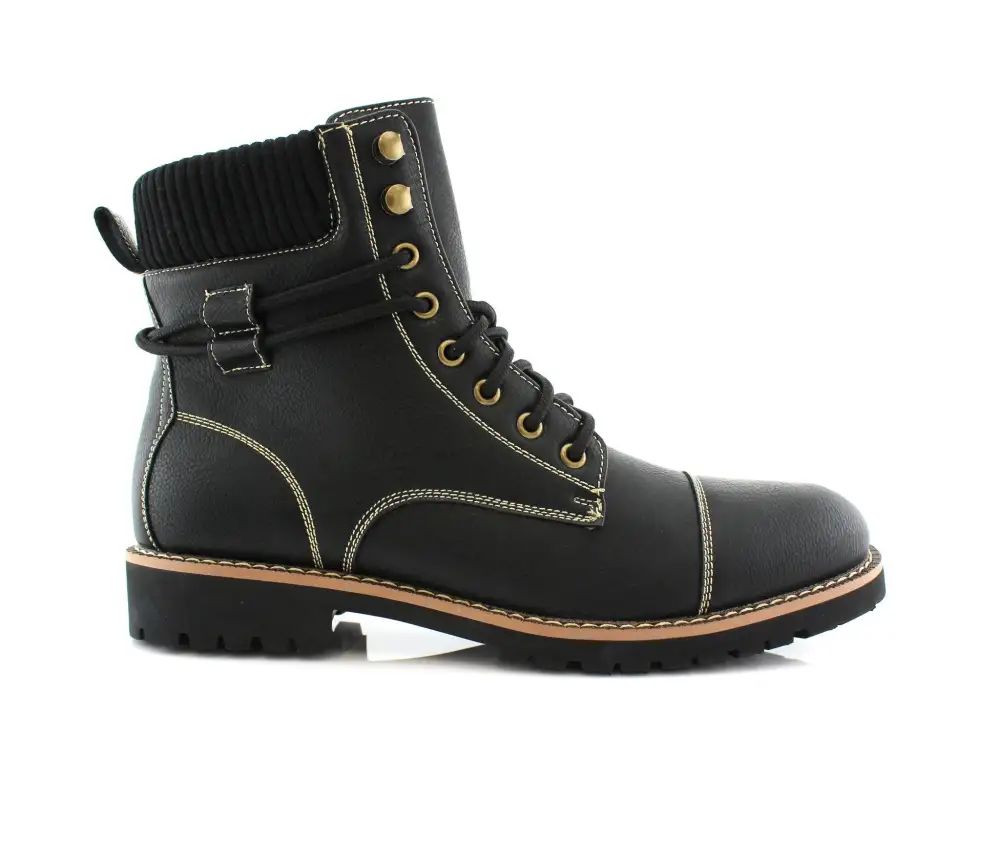 Faux-Leather Lace-Up Stitched Motorcycle Boots