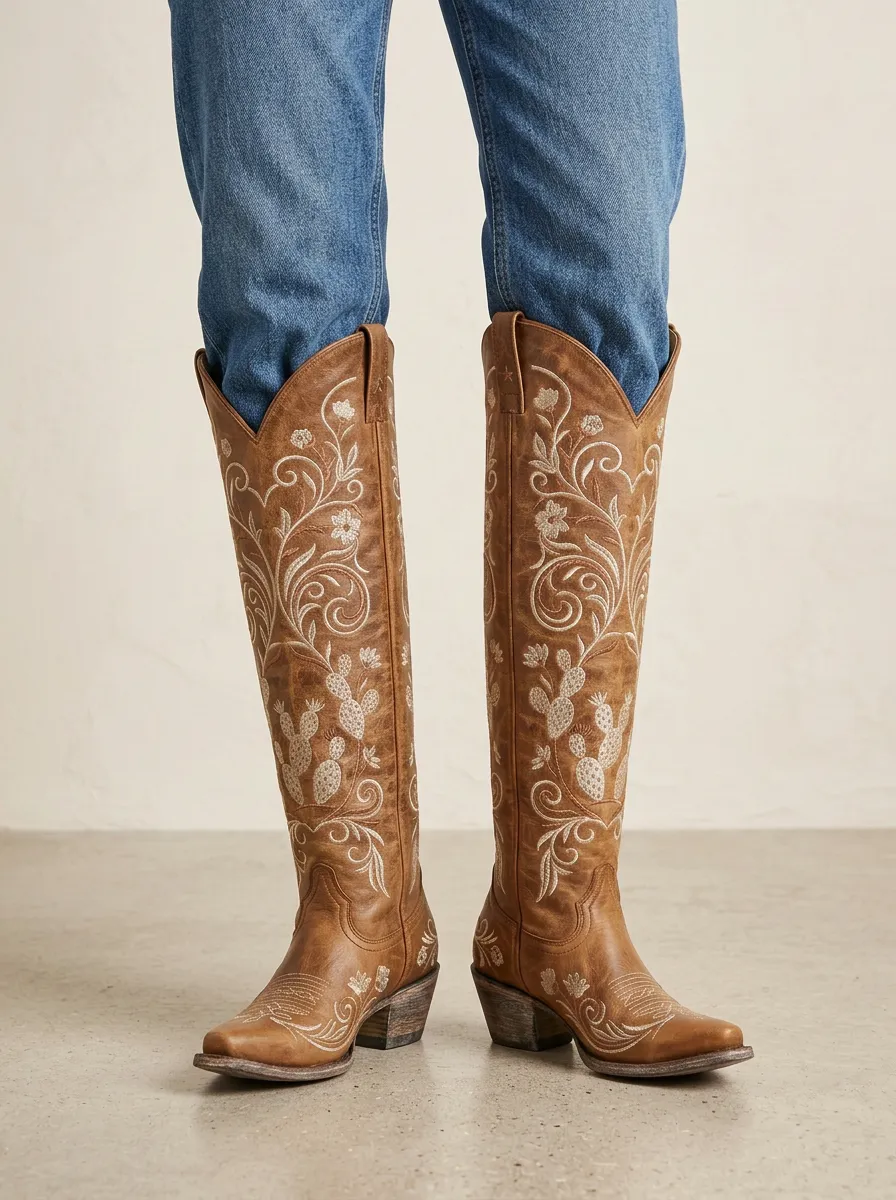 Women's Cactus Floral Star Embroidered Pointed-Toe Block-Heel Western Denim Over-the-Knee Boots