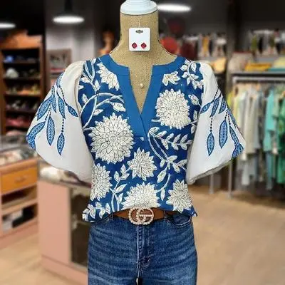 Vintage Floral Print Puff Sleeve Blouse