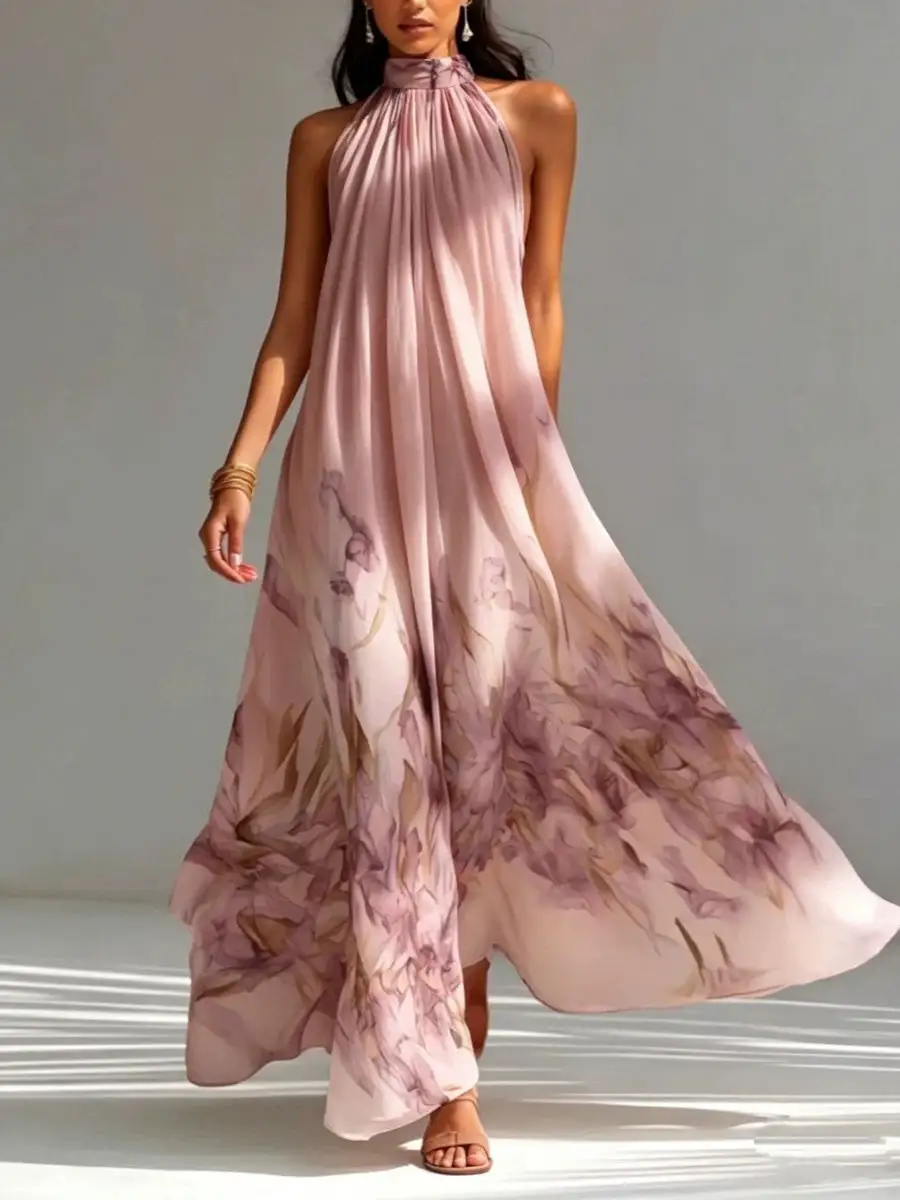 Print Pleated Sleeveless Neck Maxi Dress