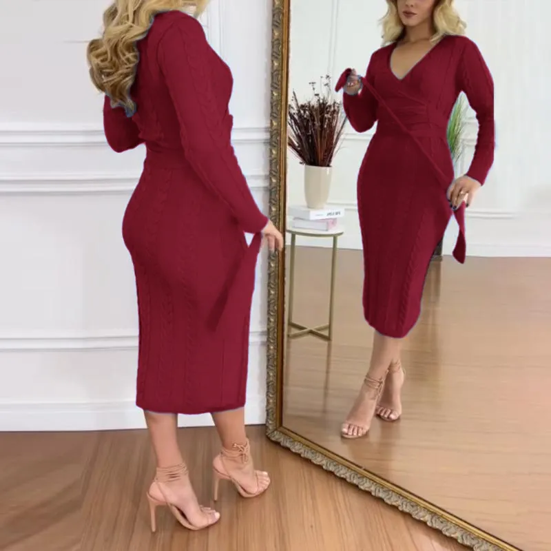 Women's Cable Textured Overlap Deep V-Neck Long Sleeve Mid-Length Dress Tie Waist Slim Fit Knit Dress