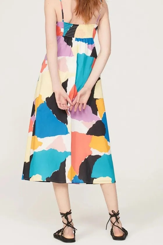 Multicolor Abstract Print V-Neck Midi Dress