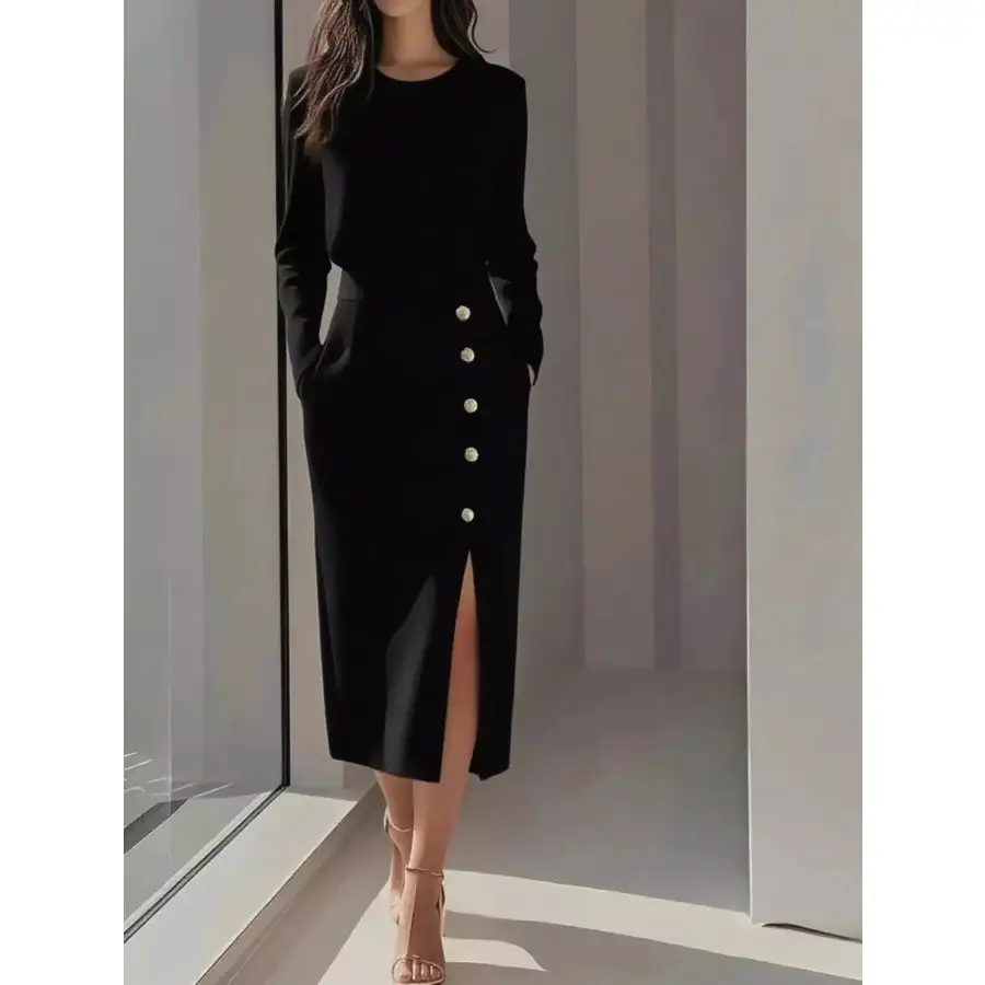 Long Sleeve Button Detail Midi Dress with Side Slit