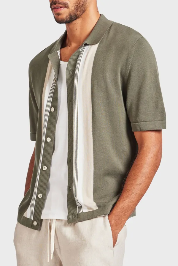 Smoke Pine Contrast Stripe Knit Shirt