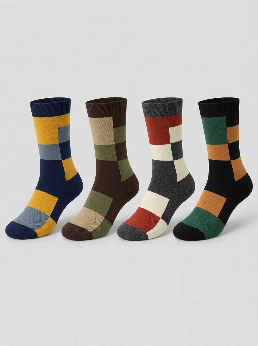 Men's Multicolor Block Pattern Crew Socks 4-Pack