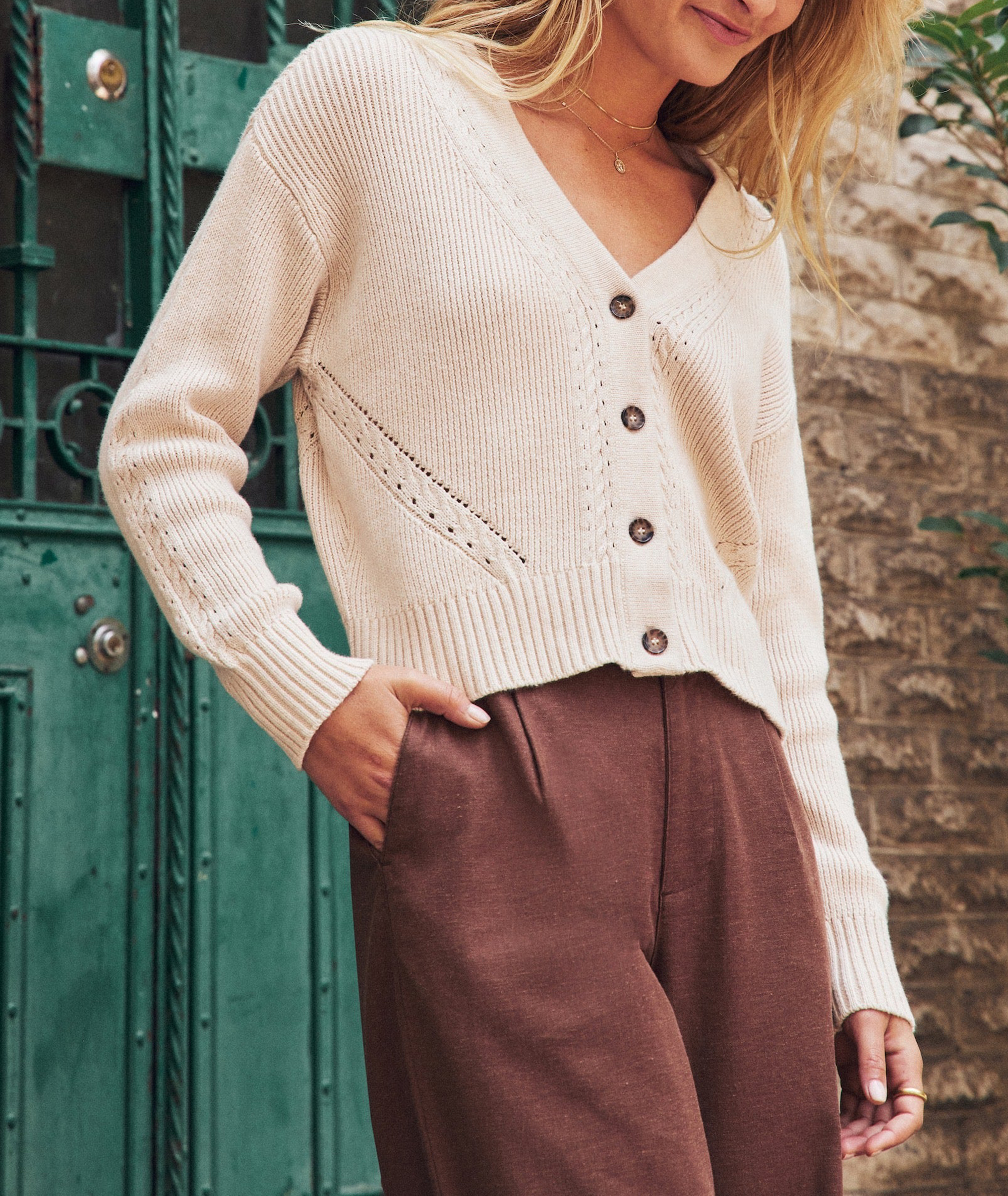 V-neck Buttoned Knit Crop Cardigan