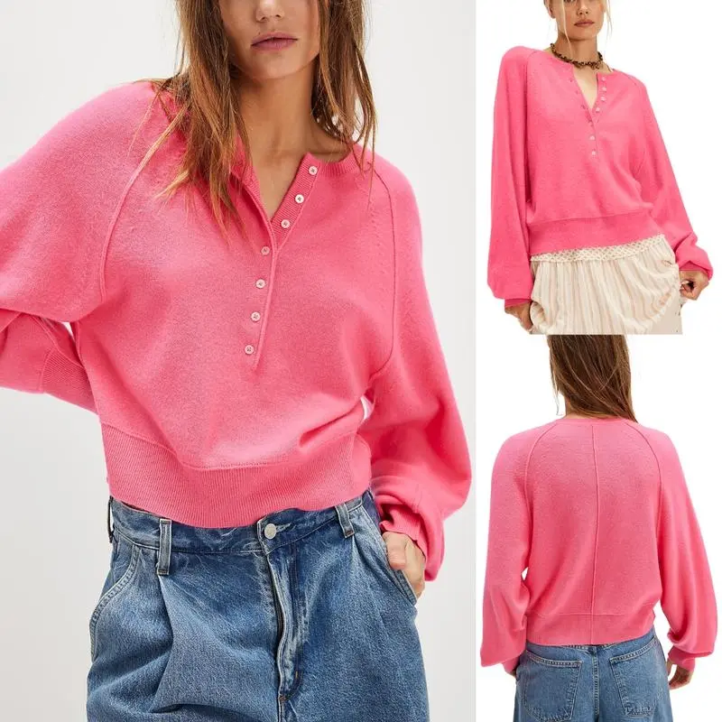 Women's Henley Neck Half-Button Knitting Sweater