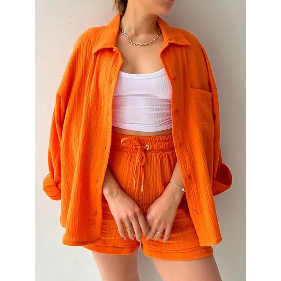 Relaxed Textured Button Up Shirt and Shorts Set