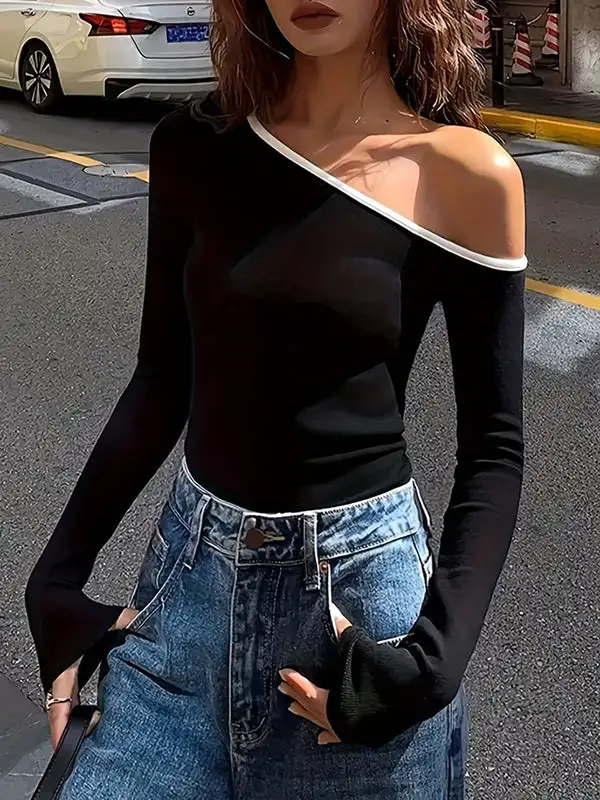 Long Sleeve Slim Fit Asymmetric One Shoulder Polyester T-Shirt