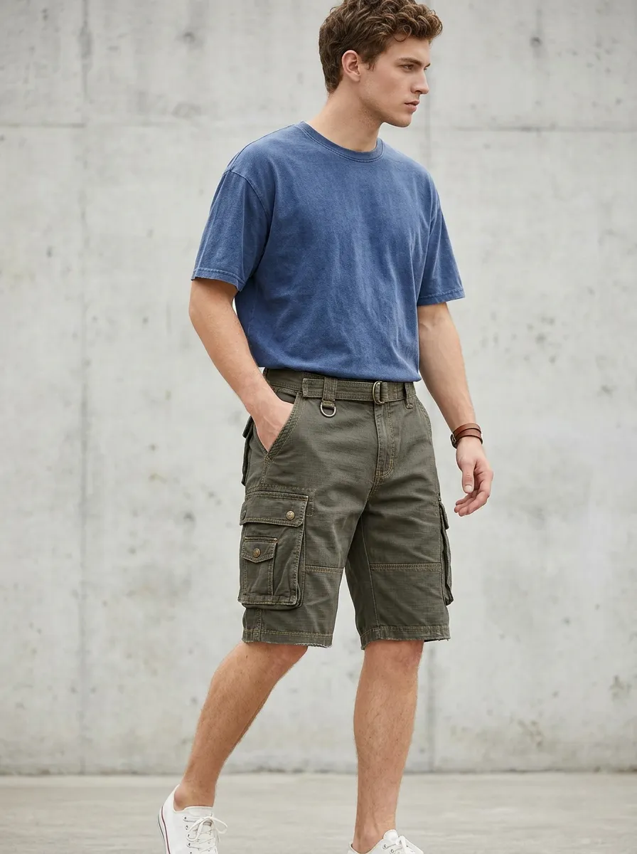 Men's Olive Green Cargo Shorts with Multi-Pocket Outdoor Styling