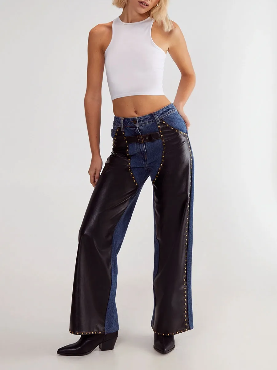 Women's Stylish Denim-Leather Studded Wide-Leg Pants