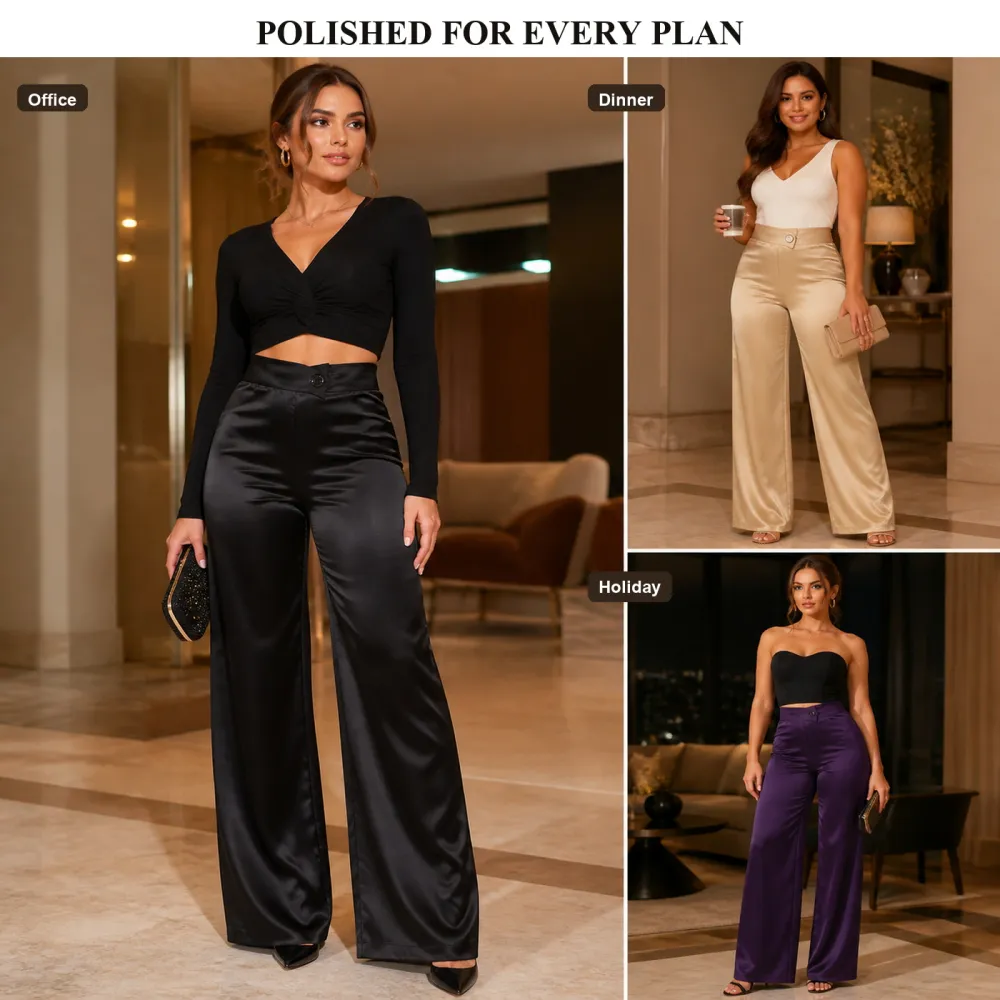 Women's Satin Smooth Straight Leg Pants With Irregular V Waistline