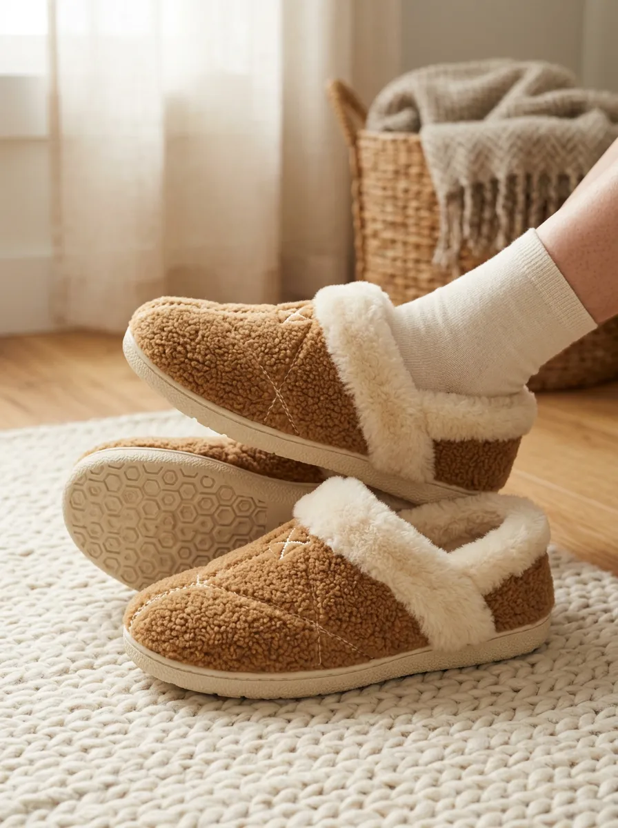 Women's Cozy Brown Faux Shearling Quilted Fleece Lined Warm Wool Slippers