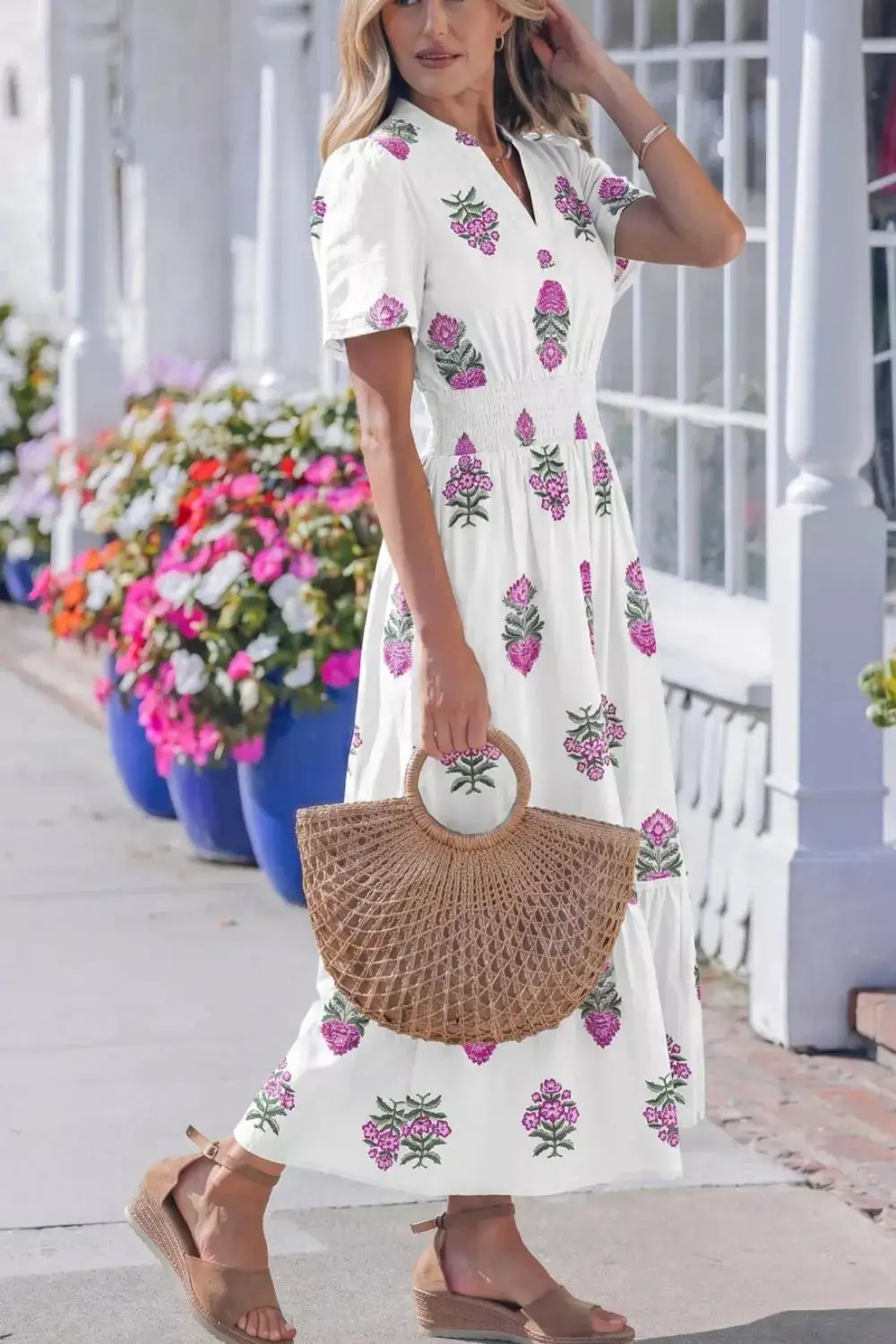 Print Split Neck Shirred High Waist Ruffle Hem Midi Dress