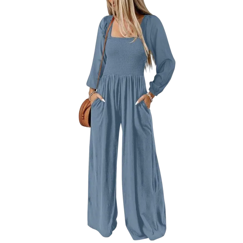 Women's Wide Leg Jumpsuit - Long Sleeve Loose Fit Overalls with Pockets